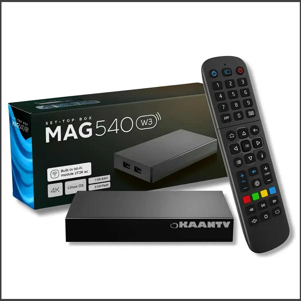 MAG540w3 mit Fernbedienung und Kaantv Logo