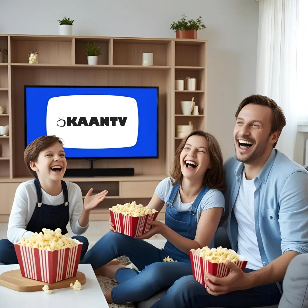 Glückliche Familie schauen KaanTV im Wohnzimmer mit Popcorn