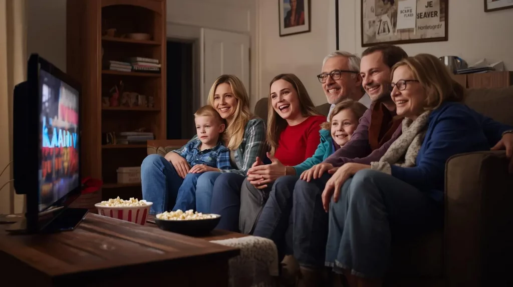 Familie mit Opa und Oma schauen KaanTV IPTV an.