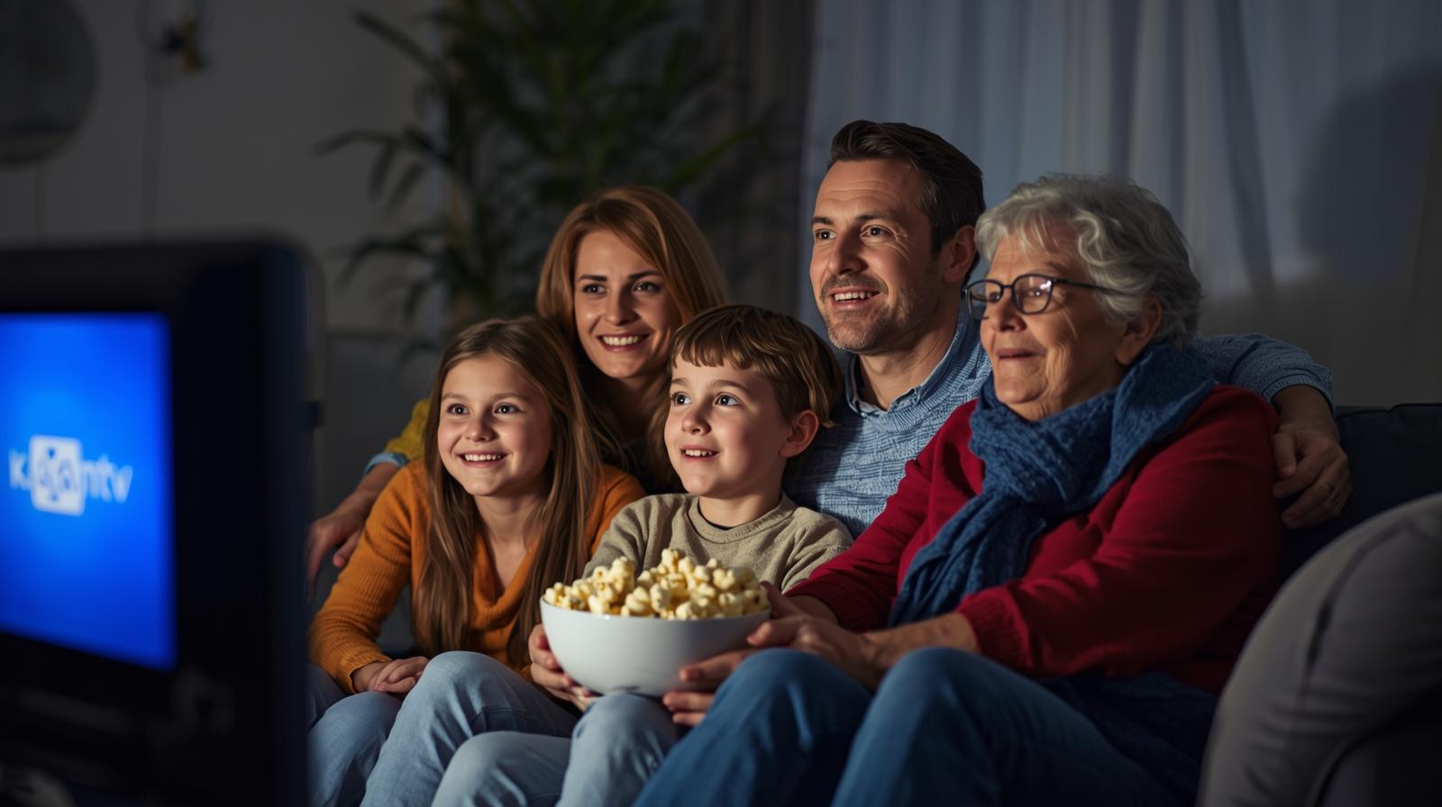 Glückliche Familie schaut Internationale IPTV Pakete von KaanTV an. 