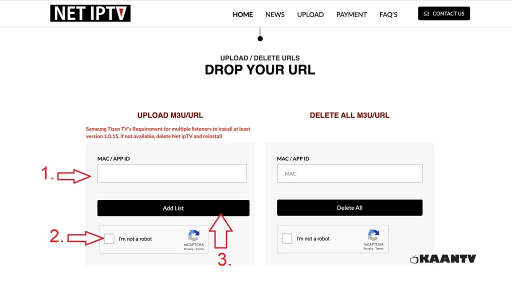 NET IPTV upload page to set up IPTV playlist using M3U link