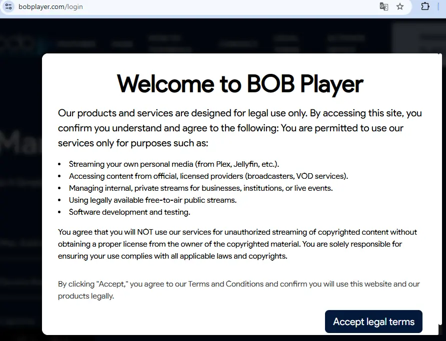 Hinweis mit Accept legal terms