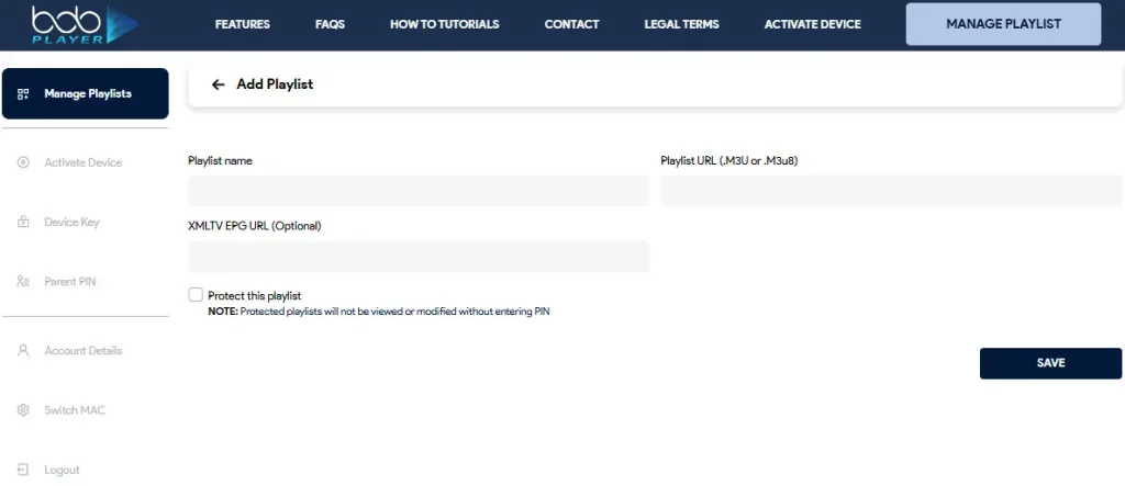 Bob Player Manage Playlists Übersicht ohne gespeicherte Playlists