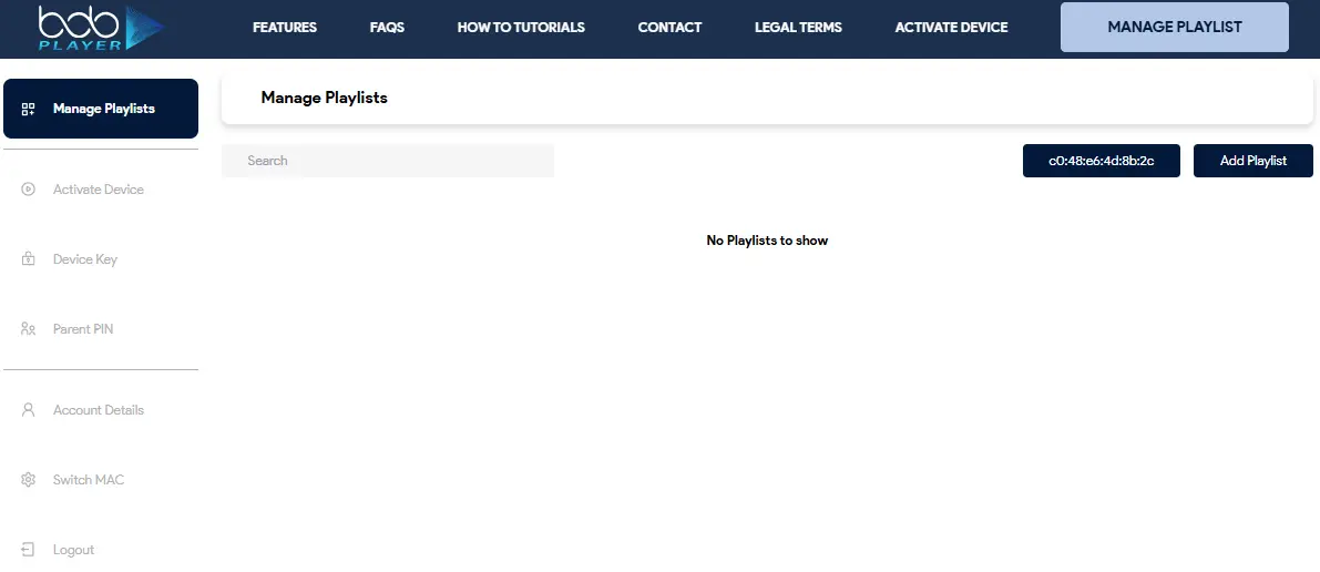 Bob Player Manage Playlists Übersicht ohne gespeicherte Playlists