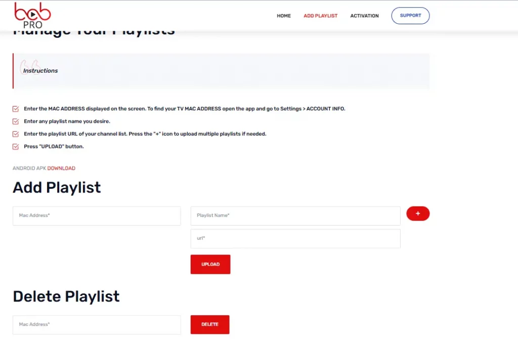 Bob Pro M3U einrichten im Add Playlist Formular mit MAC-Adresse