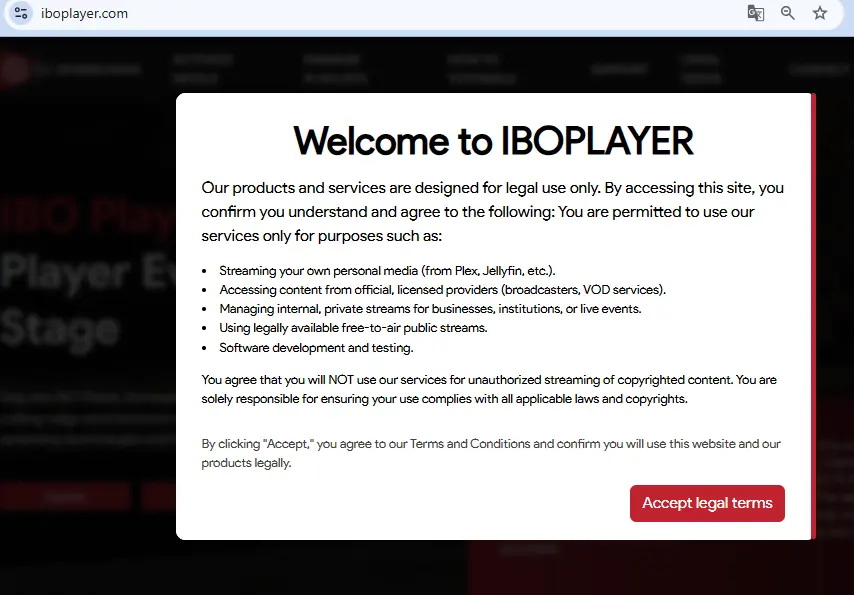 Legal-Hinweis auf iboplayer.com mit Button Accept legal terms zur Bestätigung