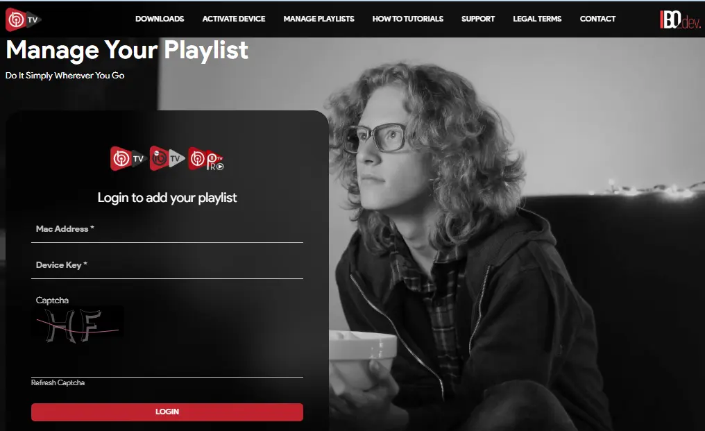 IBO Player Login Bereich mit Eingabe von MAC-Adresse und Device Key