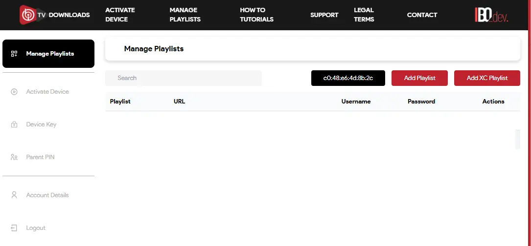 IBO Player Dashboard mit Manage Playlists Übersicht und Button Add Playlist